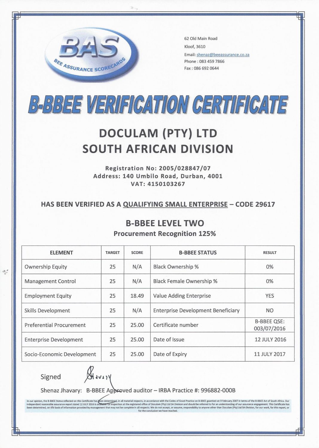 Doculam SA BEE Certificate Expiring 2017 Doculam